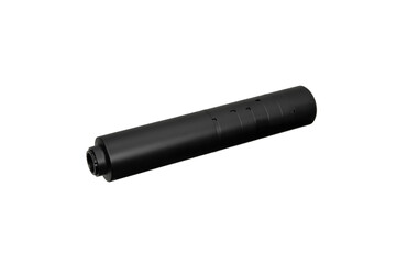 Black silencer for weapons. Suppressor that is at the end of an assault rifle. Isolate on a white back.