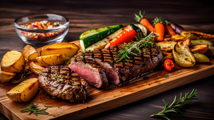 Juicy and tender grilled steak with grilled vegetables on the sid