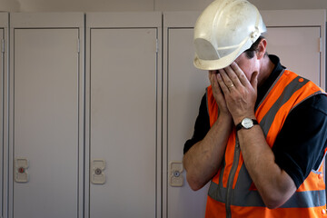 Male industry worker struggling to cope with mental health at work