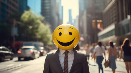 A human emoji. A businessman emoji. A man with an emoji face. Yellow faced man. Happy emoji man, in a suit. Don't worry be happy. - obrazy, fototapety, plakaty