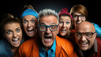 group of adults fans looking at camera and screaming hard for the excitement. Selfie of Happy group of excited and enthusiast friends screaming in celebration. Generative Ai.