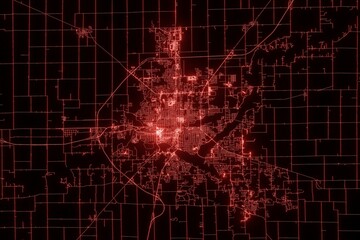 Street map of Decatur (Illinois, USA) made with red illumination and glow effect. Top view on roads network. 3d render, illustration