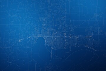 Stylized map of the streets of Evansville (Kentucky, USA) made with white lines on abstract blue background lit by two lights. Top view. 3d render, illustration - obrazy, fototapety, plakaty