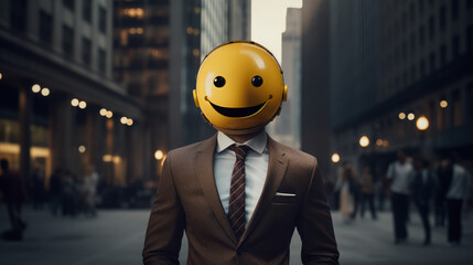 A human emoji. A businessman emoji. A man with an emoji face. Yellow faced man. Happy emoji man, in a suit.