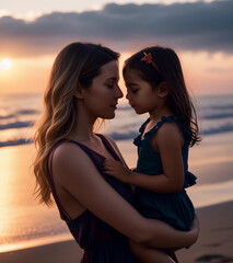 Mother and daughter near the ocean. Generative AI.