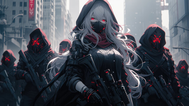 Beautiful young woman leader gathering her troops to defend her homeland in a cinematic dystopian scenery - Generative AI