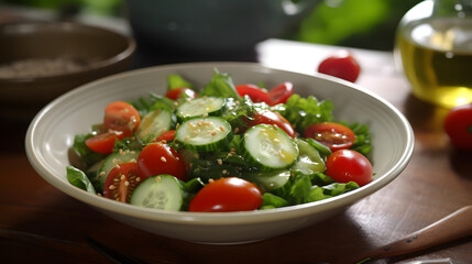Refreshing bowl of mixed greens with cherry tomatoes, cucumber, and a tangy vinaigrette dressin