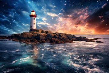 Photo of a majestic lighthouse perched atop a rugged ocean rock created with Generative AI technology