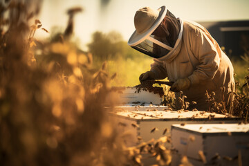 Beekeeper working in apiary with honey bee. Organic food farming. Generative AI