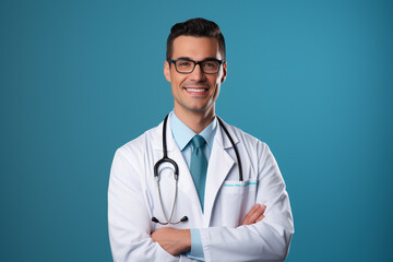 Fototapeta premium Male doctor in uniform portrait on blue background. Copy space. Generative AI