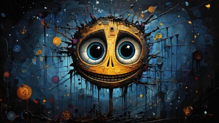 A painting of a smiley face with splats on it. Digital image.