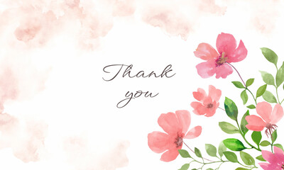 Watercolor floral thank you card. Hand drawn illustration on white background.