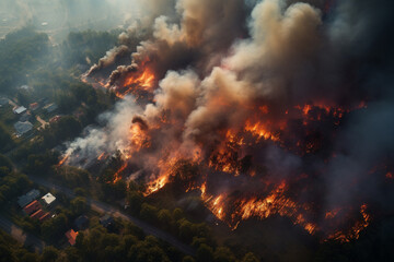 Wildfire in forest near residential area, climate change and global warming hazard. Generative AI