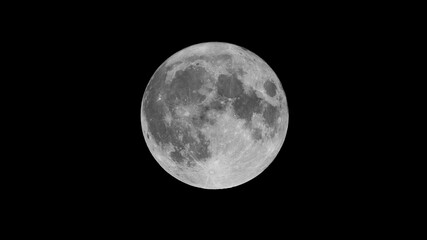 Horizontal photo of the super blue moon centered on a black night sky background with copy space.