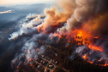 Fototapeta na wymiar Wildfire in forest near residential area, climate change and global warming hazard. Generative AI