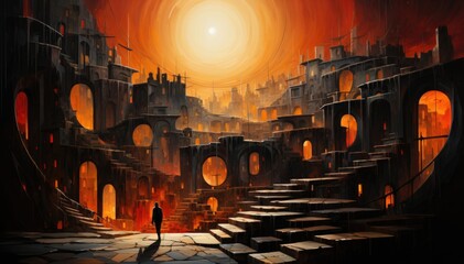 A painting of a person standing in front of a city. Digital image.