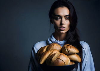 Beautiful young woman holding bread. Harvest symbol.