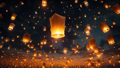 Fototapeten Flying lanterns in the sky during the Diwali festival in India © terra.incognita