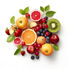 Zdrowe owoce na białym tle izolowane - kompozycja źródła witamin. Jabłko, kiwi, pomarańcz, grejpfrut, truskawki, wiśnie, borówki i listki. W całości i przecięte połówki.