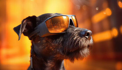 dog in virtual reality glasses on an orange background