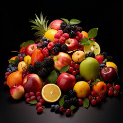 Różne owoce egzotyczne na czarnym tle - wyizolowane. Kompozycja ananasa, gruszek, jabłek, pomarańczy, jeżyn, czereśni, borówek.  - obrazy, fototapety, plakaty