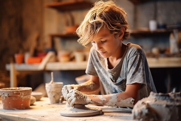 Obraz na płótnie Canvas Kids larning creative art, pottery making with clay. Modern creative education. Generative AI