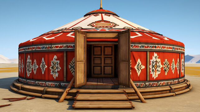 Jurta mongolska z wzorzystej tkaniny w kolorze czerwonym. Namiot - dom idealny pod glamping, wynajem.