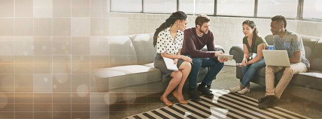 Meeting, technology and digital with a business team in an office lounge for planning or strategy....