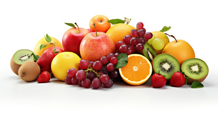 Zdrowe owoce - urodzajne i dojrzałe winogrona, jabłka, pomarańcze, cytryny, kiwi, truskawki na białym tle. - obrazy, fototapety, plakaty