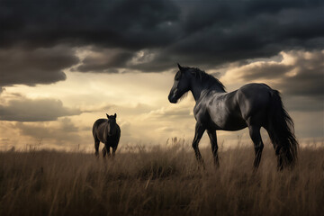 Horses running fast in the meadow with dramatic light and sky, dramatic light and shadow, hyper realistic, hyper detail, winning photo,
