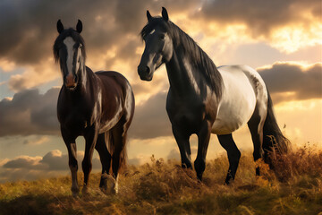 Obraz na płótnie Canvas Horses running fast in the meadow with dramatic light and sky, dramatic light and shadow, hyper realistic, hyper detail, winning photo,