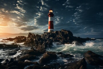 Photo of a picturesque red and white lighthouse perched on a rugged rocky shore created with Generative AI technology