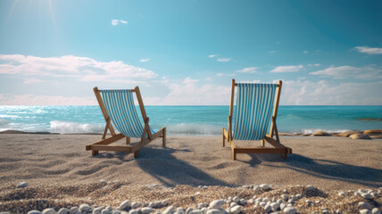 Chairs on the sandy beach near the sea. Summer holiday and vacation concept for tourism.