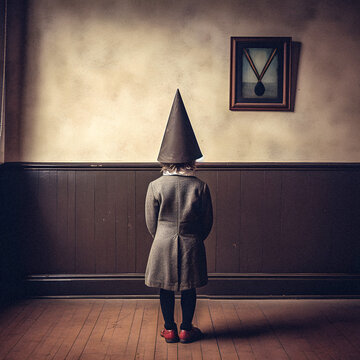 Retrograde Classroom Discipline: Punished Pupil in Dunce Cap - generative ai