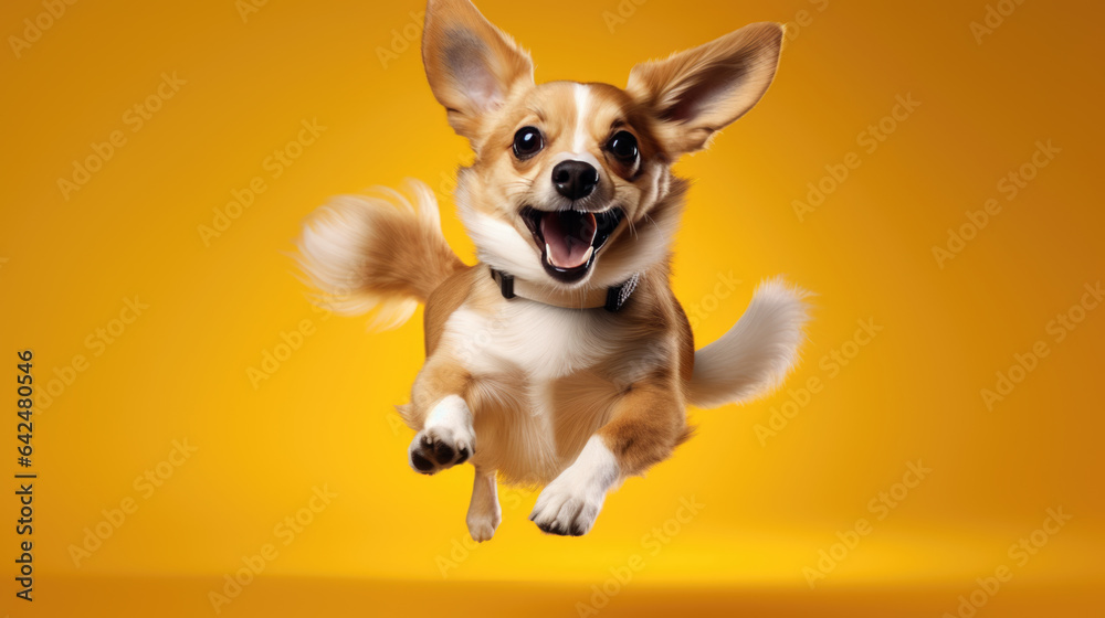 Poster happy smiling dog isolated on yellow background.