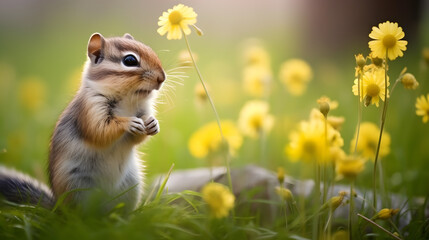 Cute squirrel and small flowers in jungle at evening