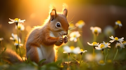 Cute squirrel and small flowers in jungle at evening © May Thawtar