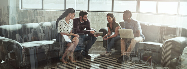 Meeting, technology and double exposure with a business team in an office lounge for planning or...