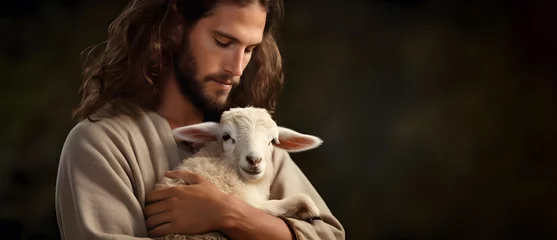 Tuinposter Jesus recovered the lost sheep carrying it in arms. Biblical story conceptual theme. © May Thawtar