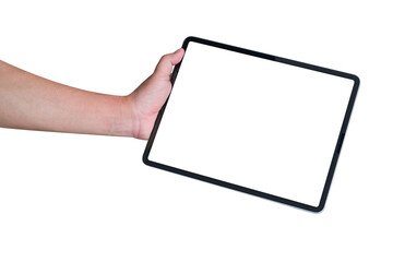 Hand showing tablet with blank screen isolated on white background.