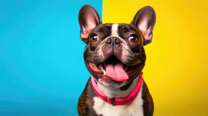 Happy smiling dog isolated on colored background.