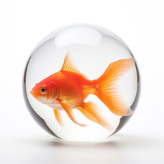 Round aquarium with a goldfish on a white background