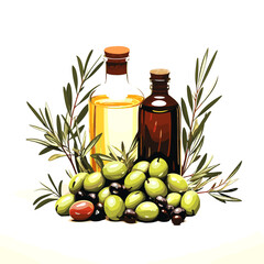 Olive oil and olives with branch vector illustration.