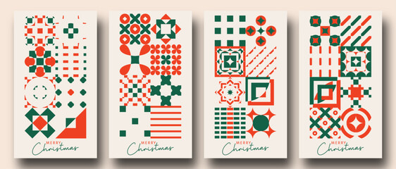 Geometric minimalist Christmas posters. Bauhaus / Zellige Inspired Christmas Backgrounds. Trendy Winter Holidays art templates. good for social media story posts and prints.