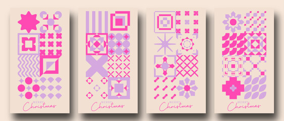 Geometric minimalist Christmas posters. Bauhaus / Zellige Inspired Christmas Backgrounds. Trendy Winter Holidays art templates. good for social media story posts and prints.