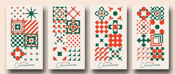 Geometric minimalist Christmas posters. Bauhaus / Zellige Inspired Christmas Backgrounds. Trendy Winter Holidays art templates. good for social media story posts and prints.