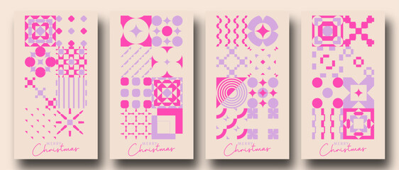 Geometric minimalist Christmas posters. Bauhaus / Zellige Inspired Christmas Backgrounds. Trendy Winter Holidays art templates. good for social media story posts and prints.