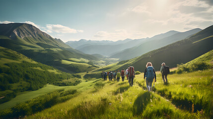 Obraz premium Group of sporty people hiking in mountain at sunset