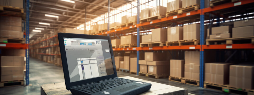 Computer tablet on blurred warehouse background