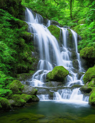 Capturing the Magnificent Cascade of a Waterfall Surrounded by Lush Vegetation  Photography